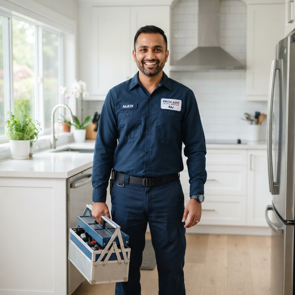 Professional appliance repair technician with a toolbox